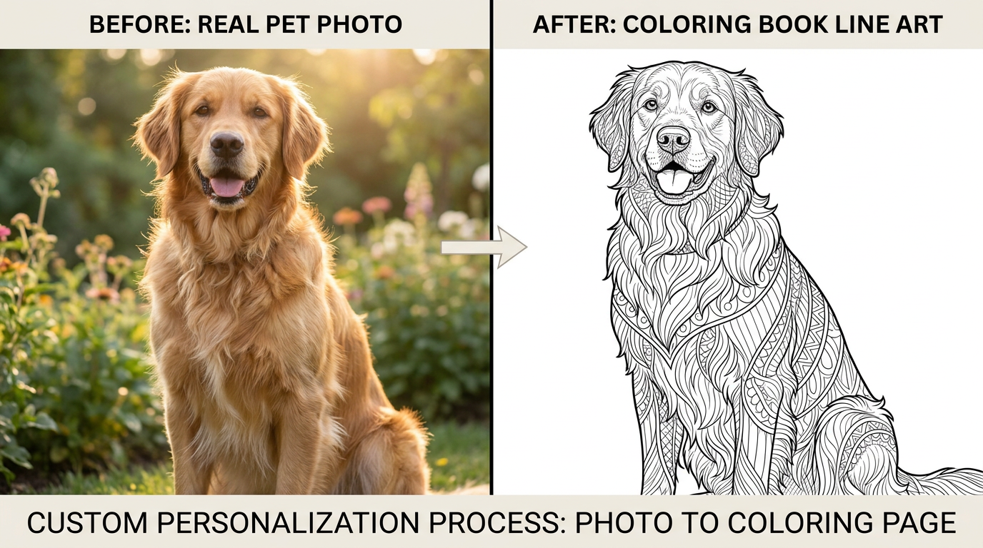 Before and after: pet photo transformed into coloring book line art