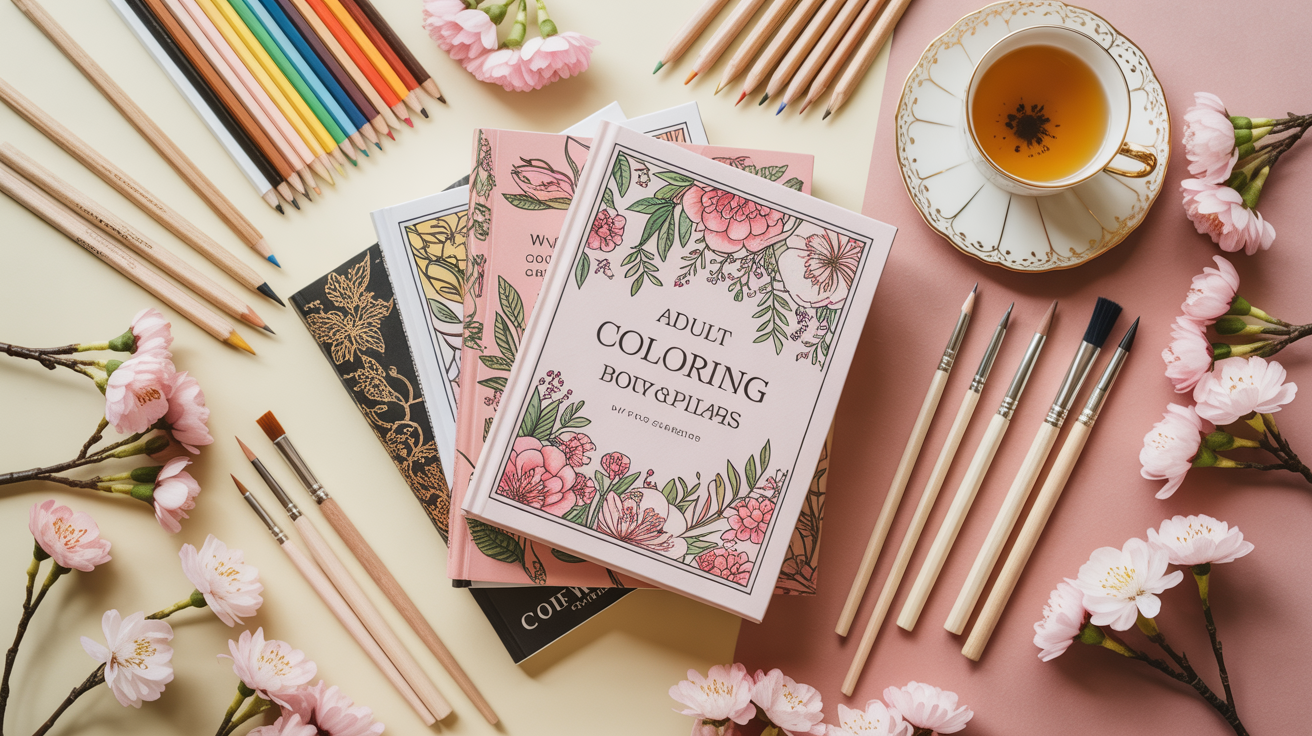 Coloring books with art supplies on a warm blush surface